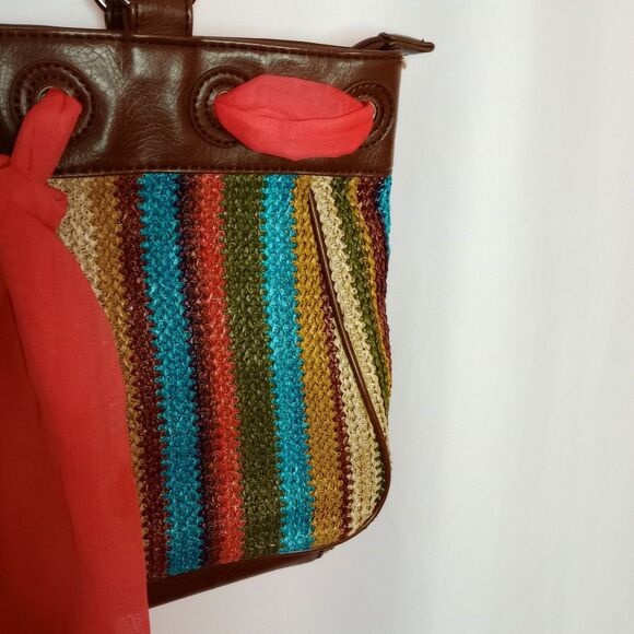 Apt. 9 Leather Woven Tote Bag Colorful Earth Tones Large Purse Pockets Zip Close - Picture 3 of 6